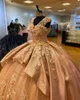 Charro Quinceanera Klänningar Champagne Ruffles Sweet 16 Dress Party Wear Sequin Princess Gowns Crystal Vestidos de XV Años