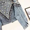 Jaquetas femininas outono moda trabalho pesado beading lavagem denim jaqueta feminina solta casacos curtos cravejados preto azul jeans streetwe277a