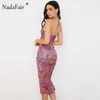 Nadahair abstrakt tryckta vintage midi klänning av axelklubb för kvinnor sommar ny halter nacke cut out sexig bodycon klänning 2021 x0705