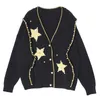 FORSE U Maglione nero con paillettes Pentagramma ricamo con perline Manica lunga scollo a V Cardigan monopetto Sezione Autunno M0217 210529