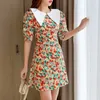 PERHAPS U Women Purple Yellow Floral Print Peter Pan Collar Summer Puff Sleeve Short Sleeve Mini Dress Korean Version D2613 210529