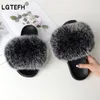 LGTEFH Fluffy Chinelos Real Fox Fur Slides Furry Flat Sandals EVA Interior Não-Slipladies Verão Sapatos de Couro K722