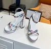 Diamond sandals height 12cm fashion leather cross color bandage round buckle thick heels summer sexy luxury display party wedding shoes delivery box size 35-43