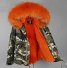 Donna Inverno Camo Parka Grande collo di pelliccia di procione Cappotto con cappuccio Outwear 2 in 1 Giacca fodera staccabile Stile di marca 211018