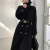 Vintage Black Wool Coat Women's Winter Office Lady Long Thick Woolen Coats Jacket Elegant Clothing Outwear 210608