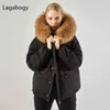 Lagabogy Winter Coat Women Huge Real Natural Fur Waterproof Warm Parka Female 90%White Duck Down Jacket Hooded Outwear 211130