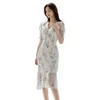 elegant print Dress for women Short Sleeve V neck Acetate Korea Party Office Maxi long Dresses 210602