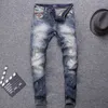 Włoski Styl Moda Dżinsy Mężczyźni Retro Szary Blue Disted Ripped Elastyczna bawełniana Slim Fit Streetwear Hip Hop Denim Spodnie