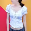 Kawaii Estilo Coreano Verão Camiseta Mulheres Quadrado Neck Malha Top Lace Up Ruffle Camiseta Branco Elegante Sexy Boho Streetwear UW8 210603