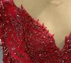 Aso ebi árabe vermelho luxuoso sereia vestidos de noite de renda de renda de renda de renda de peito de pescoço de festa formal da segunda recepção ZJ755