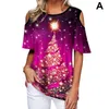 Damen T-Shirt Frauen Weihnachtsbaum Bedruckt Kurzarm Festliche Casual Tops HSJ88