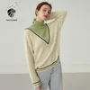 FANSILANEN Patchwork vintage turtleneck knitted sweater Womne autumn winter oversized white pullover Knitwear elegant jumper 210607