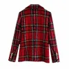 Vintage Dubbelbröst Tweed Blazer Women Notched Collar Långärmad Plaid Coat Spring Casual Office Suit Jack