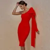 Ocstrade Pist Moda Bownot Kırmızı Bandaj Elbise 2020 Güz Kış Kadınlar Seksi Bir Omuz Bandaj Elbise Bodycon Kulübü Parti Elbise X0521