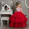 Fantastische rode 3D geappliceerd bloem meisje jurken voor boho bruiloft spectijn jurken tiered vloer lengte kinderen eerste heilige communie jurk
