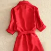 Camisas Mulheres Verão Vestido Casual Moda Escritório Senhora Sólida Vestidos de Chiffon Vermelho para Mulheres Sashes Senhoras Senhoras Vestidos Femme 210527