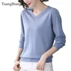 Outono primavera v-pescoço de manga comprida mulheres suéteres cor sólida de tricô senhoras azul pulôvers fino casual algodão de algodão tops 210914
