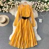 Ly Varey Lin Printemps Femmes Dentelle Robes à col rond Casual Gaze Jupe à manches longues Slim Lady Haut de gamme 210526