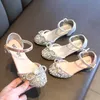 Sandalen Meisjes Schoenen Zomer Bling Prinses Bow Dance High Heels Party Kids Enkle Strap Sandalias Bruiloft Bridal