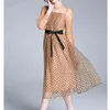 Retro Mesh Gaze Kleid Polka Dot Puff Sleeve Hohe Taille Plissee es Sexy Sehen Obwohl Spitze-up Frauen Party 210603