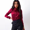 Femmes soie satin blouse bouton revers à manches longues chemises dames travail de bureau élégant femme haut blusa de haute qualité