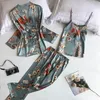 3 unids Mujeres Pijamas Set Lady Emulación Seda Conjuntos de pijamas Estampado de flores Ropa de dormir Ropa de casa femenina 2021 Primavera Ropa de hogar para mujer X0526