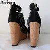 Sandalias Sorbern Black Sandals Hollow Summer Zapatos de la cremallera Talón alto Tacón sexy Nuevas mujeres de tamaño