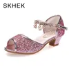 Skhek 핑크 소녀 샌들 어린이 모조 다이아몬드 하이힐 신발 소녀 샌들 크기를위한 패션 골드 신발 28-37 210226