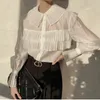 Bahar Yeni Şık Şeffaf Pileli Beyaz Gömlek Kadın Blusas Turn-down Yaka Tek göğüslü Gevşek Kadın Bluz Tops 13078 210225