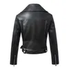 Kvinnor Vår Höst Svart Faux Läder Jackor Zipper Basic Coat Now-down Collar Motorbikerjacka med bälte Y0829