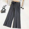 Fitaylor Spring Autumn Women Fashion Bandage Bow High Waist Suit Pants Office Lady Solid Color Straight Wide Leg Pants Q0801