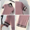 Glitter Knitted Women T Shirt Summer Tshirt Breathable Short Sleeves Top High Elasticity Striped Female T-Shirt T200512