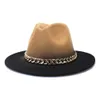 2022 Women Spray Paint Gradient Wool Felt Fedora Hats with Gold Chain Wide Brim Unisex Party Party Vintage Jazz Cap Wholesale