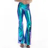 Sexy PU-lederen metallic broek glanzende holografische flare vrouwen meisjes bodycon elastische taille belbodembroek clubwear 210915