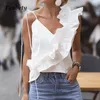 Women's Blouses & Shirts Women Elegant V Neck Ruffle Blouse 2021 Summer Sexy Backless Spaghetti Strap Tops Ladies Sleeveless Solid Color