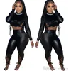 Women Two Piece Pants Set Sexy Bandage PU Tracksuits New High Neck Crop Top Slim Leggings Designers Clothes 2022