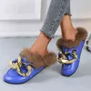 LAZYSEAL Sonbahar Gerçek Kürk Metal Zincir Katırlar Kadın Ayakkabı Loafer'lar Yuvarlak Ayak Rahat Ayakkabılar Kadın Kürklü Slaytlar Kabarık Kıllı Flip Floplar Y1206