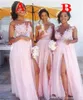 Pink African Blush Bridesmaid 2021 Sexy Sheer Jewel Neck Lace Appliques Maid of Honor Dresses High Split Formal Party Evening Gowns