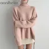 Korean Chic Autumn And Winter Woemn's Sweater High Collar Large Size Casual Back Slit Lace Up Knitted Pullovers 210604