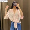 Zevity Women Fashion Tie Dye Utskrift Casual Kimono Skjorta Kvinna Hem Bowknot Söt Blus Roupas Chic Chemise Toppar LS9387 210603