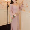 Yosimi Długie Dres Lato Vintage Fit i Flare Długość Bez Ramiączek Bez Ręki Puffowej Puff Sleeve Empire Pink Poliester Party 210604