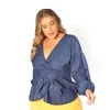 Poleć Koreański Styl Blue Shirts Bluzki Kobiety V Neck Puff Długim Rękawem Ruffles Eleganckie Work Nosić Hurtownie Plus Size 210525