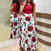 Kobiety Letnie Drukuj Maxi Dress Eleganckie Kwiatowe Szycia Krótki Rękaw Robe Długa Dress Lady Plus Size Bankiet Party Dress Vestidos X0629