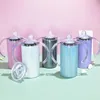 مستودع محلي 12oz تسامي بريق مستقيم كوب sippy مع اثنين من Lids Kids Tumbler للأطفال الفراغ معزول زجاجات الحليب المزدوج Z11