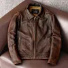 estilo chaqueta de cuero genuino Vintage Brown Cowhide Coat Hombres Slim Fashion Biker jacket Asian Size S-6XL 211111