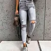 Stylish Gray Skinny Jean Streetwear High Waist Ripped Holes Pencil Stretchable Female Summer Pants 210629