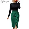 Vfemage Donna Elegante Increspato Increspature Vita alta Pizzo Solid Zipper Fessura Slim Work Office Business Party Bodycon Gonna a tubino 1007 210309