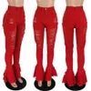 Tsuretobe Ripped Jeans For Women High Waist Flare Ruffles Patchwork Sexy Bell Bottoms Pants Vintage Red 210708