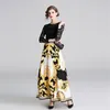 Fashion Runway Spring Summer Long Sleeve Dress Women's Vintage Gold Print Patchwork Black Lace Party Maxi Dresses 210603