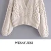 Wesay Jesi Dames Lente Gebreide Cardigan Vrouwen Trui Dikke Losse Lantaarn Mouw Pearl Button Korte Sweet en Lazy Style 210810